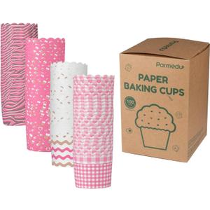 100pcs Baking Paper Cupcake & Muffin Liners - 2.4 Inches, No Baking Pan Needed, Thick & Sturdy, High Temperature & Oil Resistant, Non-stick - Pink Serie 4 Patterns, Model BK011