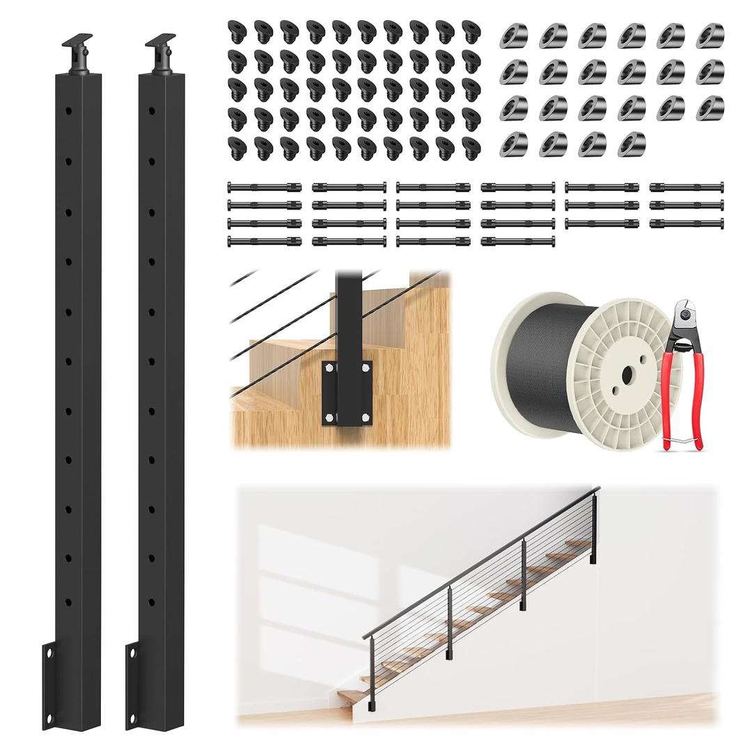 4-12FT 36" Side Mount Stair Railing Post Kits Include 2Pack Right Side Stair Posts, 150FT Wire Rope, Fasica Mount Swageless Stair Railing, 1/8" Stainless Steel Black Cable Railing Kits, RG73