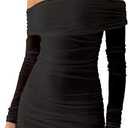 Women's Elegant Off Shoulder Long Sleeve Ruched Bodycon Cocktail Party Mini Dresses Medium