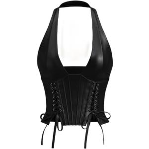 WDIRARA Women's Pu Leather Sleeveless Halter Tops Lace Up Backless Crop Corset Top Sexy Clubwear (Medium, Black)