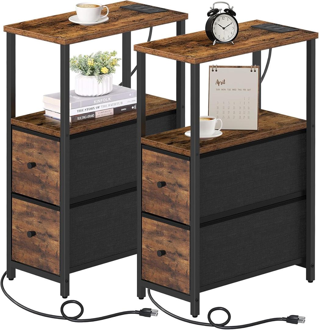 TUTOTAK Small Narrow End Table with Charging Station, Set of 2, Side Table with Outlets, Nightstand with 2 Cloth Drawers, Couch Table, for Living Room, Bedroom, Bedside, Brown TB01BB055
