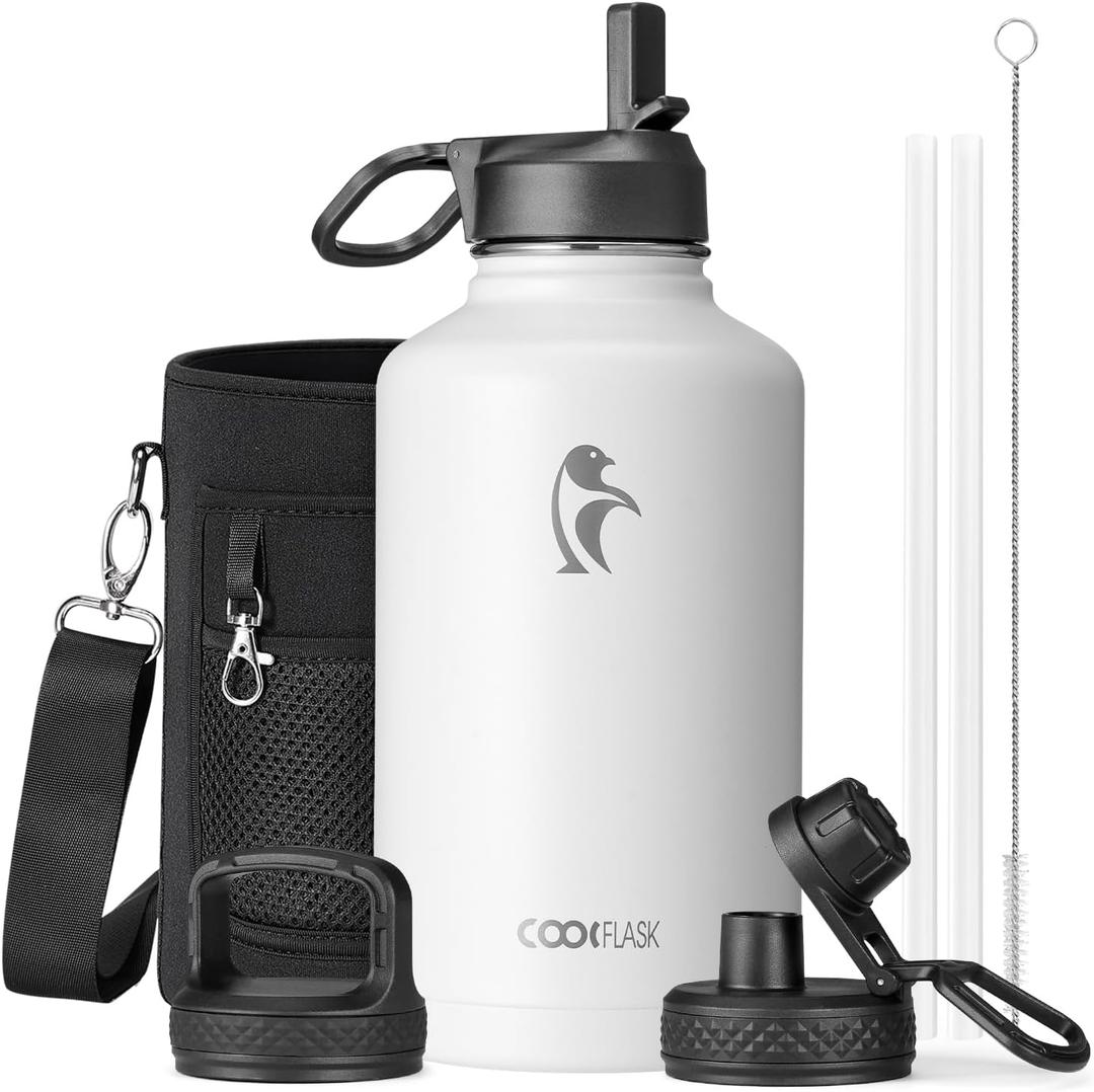 Coolflask Half Gallon Water Bottle Insulated with Straw & 3 Lids, 64 oz Water Jug Large Metal Stainless Steel Wide Mouth for Sports, Gym or Office, Non-BPA Keep Cold 48H Hot 24H, White
