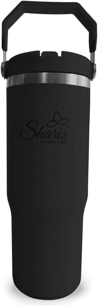 SHARIS Tumbler with Top Handle - Cute Water Bottle - Tumbler with Flip Straw - Water Bottle Fits in Car Cup Holder - 30 Oz - Insulated water bottle - Leak Proof with Straw - Black