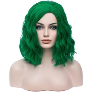 BERON Green Wigs for Womens Short Curly Wavy Hair Wig Girls Dark GreenSide Part Wigs Heat Resistant Synthetic Party Cosplay or Daily Wig