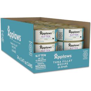 Applaws Natural Wet Kitten Food in Broth, Limited Ingredient Canned Wet Kitten Food, No Additives, Made with Natural Ingredients, Tuna Fillet in Broth (24 x 2.47oz Cans) (EXP 10/15/27)