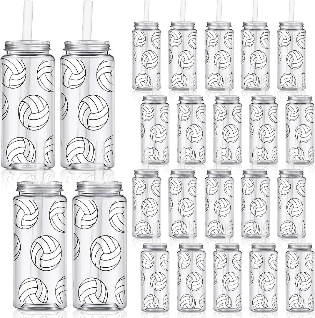 Domensi 24 Pack 14.2 oz Volleyball Plastic Cups with Lid and Straw Clear Reusable Cups with Lids and Strawstumbler for Birthday Sports Themed Party Supplies
