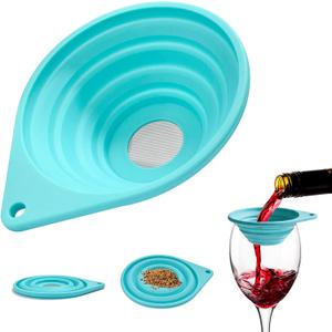 Collapsible Silicone Funnel Strainer, 4 Ultra Fine 40-Mesh Stainless Steel Filter for Coffee, Tea, Wine, Cocktails BPA-Free Foldable Kitchen Sieve for Camping & RV (Blue)