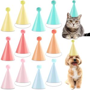 48Pcs Mini Pastel Birthday Party Hats for Stuffed Animals 5Inch Adjustable Cone Caps with DIY Pom Poms Colorful Mini Party Hats Pets Dolls Kids Small Pastel Birthday Decorations Kit for Holidays
