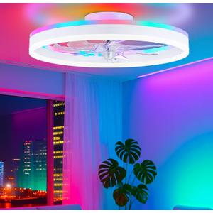 STERREN RGB Ceiling Fans with Lights, 20'' Smart LED Ceiling Fan with Remote/APP Control, Modern Low Profile Bladeless Chandelier Fan, Dimmable White Fandelier for Bedroom, Living Room, Kitchen