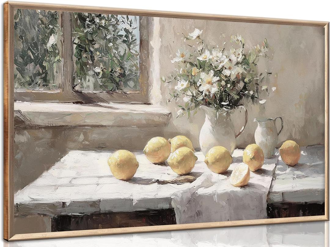 XXOUYLQ Vintage Kitchen Wall Art Yellow Lemon Still Life Pictures Daisy oil Painting Poster Rustic Farmhouse Artwork Posters White vase Canvas Bedroom Bathroom Wall Decor Kitchen Prints frame 16x32in