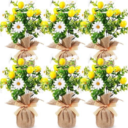 Zeyune 6 Pack Small Lemon Tables Centerpieces Decoration, Summer Fake Artificial Potted Plastic Flower Plants Rustic Faux Plant in Burlap Vase for Summer Party Decor Home Office Kitchen Indoor Outdoor