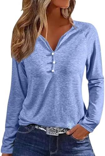 LilyCoco Womens Raglan Long Sleeve T Shirt Casual Button V Neck Shirts Blue, Small
