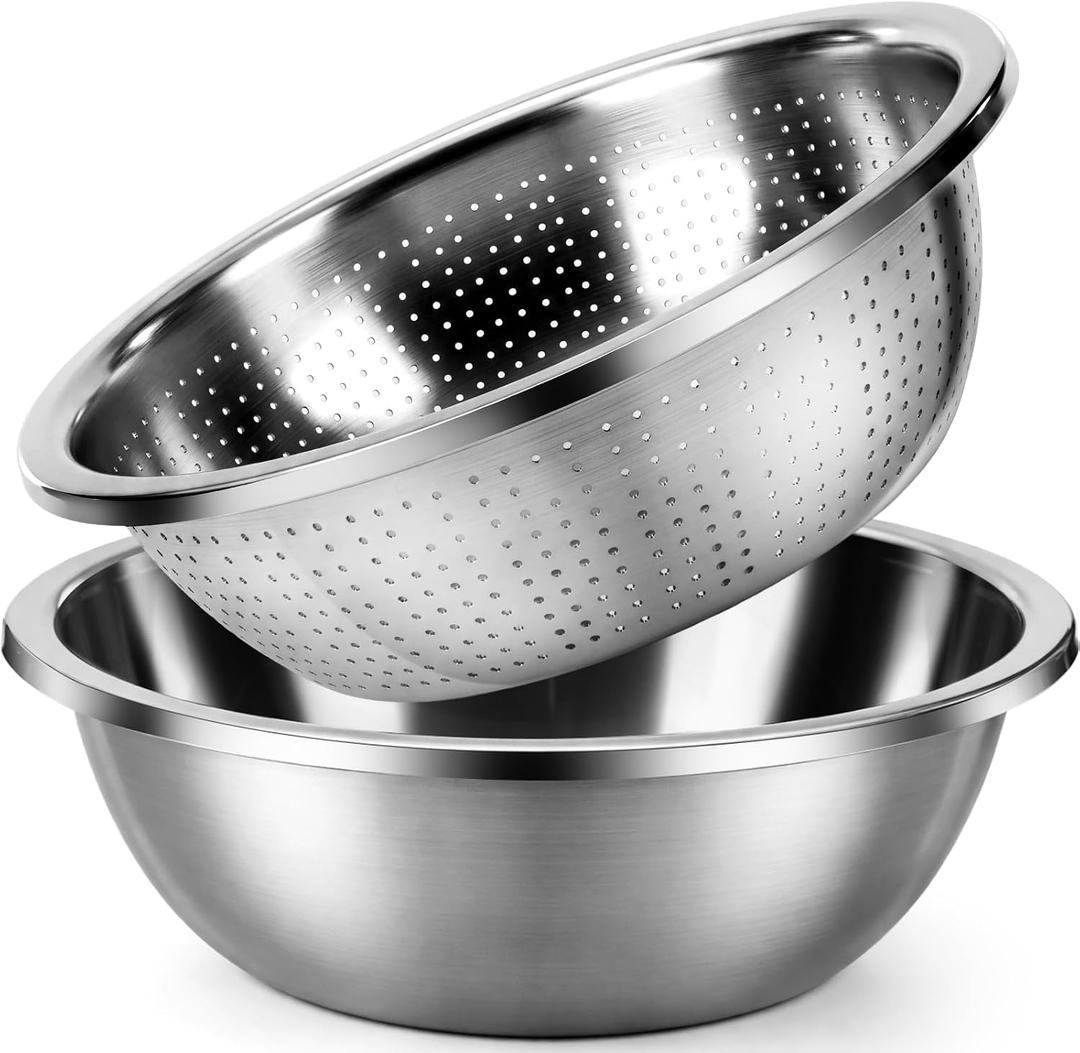 Nuogo 2 Pack Large Stainless Steel Mixing Bowl and Colander Strainer,16qt