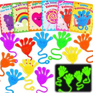 30PCS Sticky Hands with Cards Valentines Day Gifts for Kids School Glow Toys Valentine Exchange Cards for Kids Classroom Toddler Boy Girl Valentines Class Party Favors Goodie Bag Stuffers Bulk Prizes