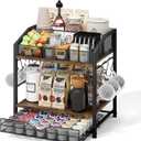 Homsorout Coffee Bar Organizer - Countertop Coffee Station, 42 K Cup holder Storage Basket with Drawer and Hooks for Syrup, Cups, Stirrer, Condiment, Tea Organizer, Black and Brown
