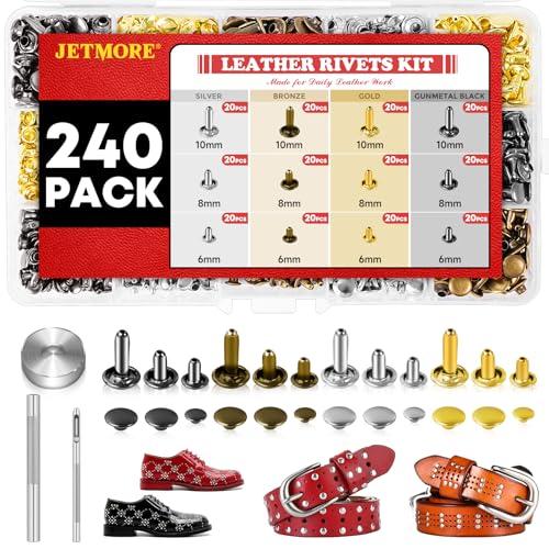 240 Sets Leather Rivets Kit, Double Cap Brass Rivets Leather Studs with 3PCS Setting Tools for Leather Repair and Crafts, 4 Colors and 3 Sizes