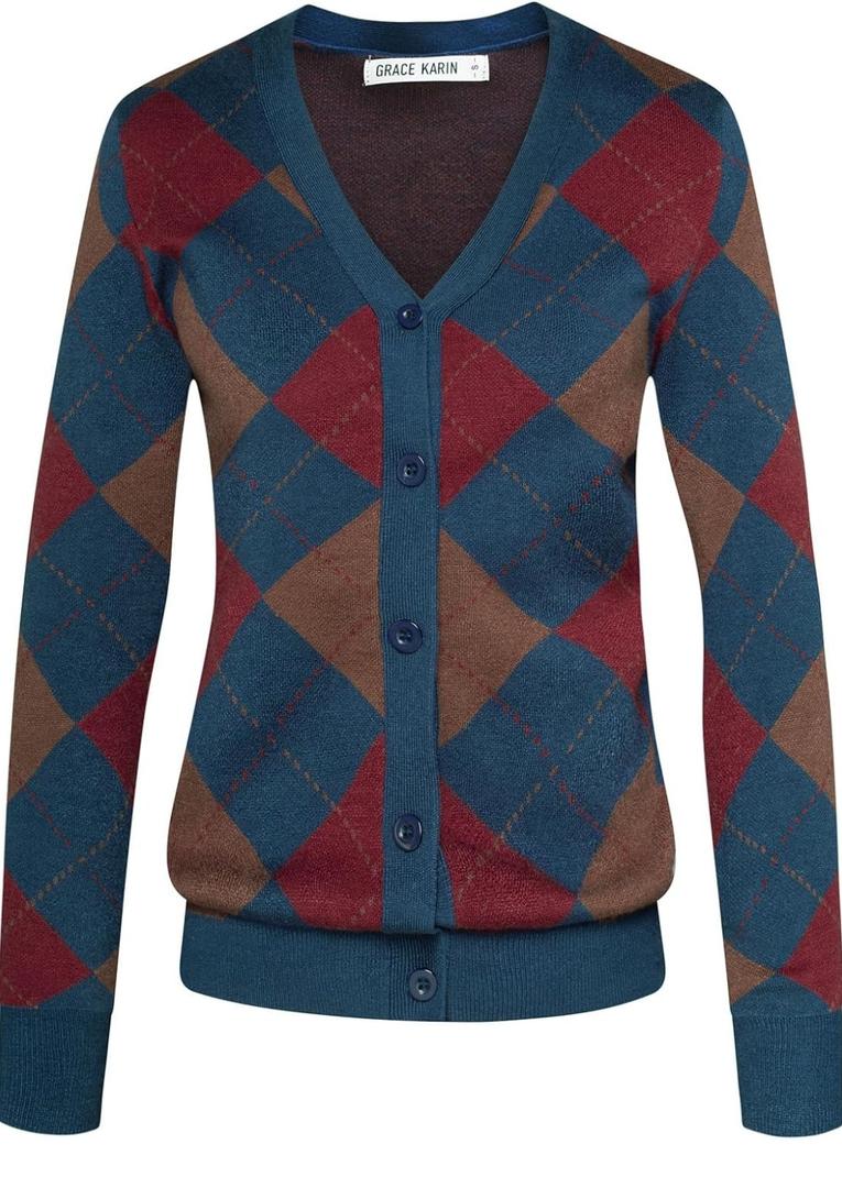 GRACE KARIN Womens Cardigan Sweater Fall Fashion Long Sleeve Argyle Sweater V Neck Button Up Cardigan Preppy Winter Clothes S