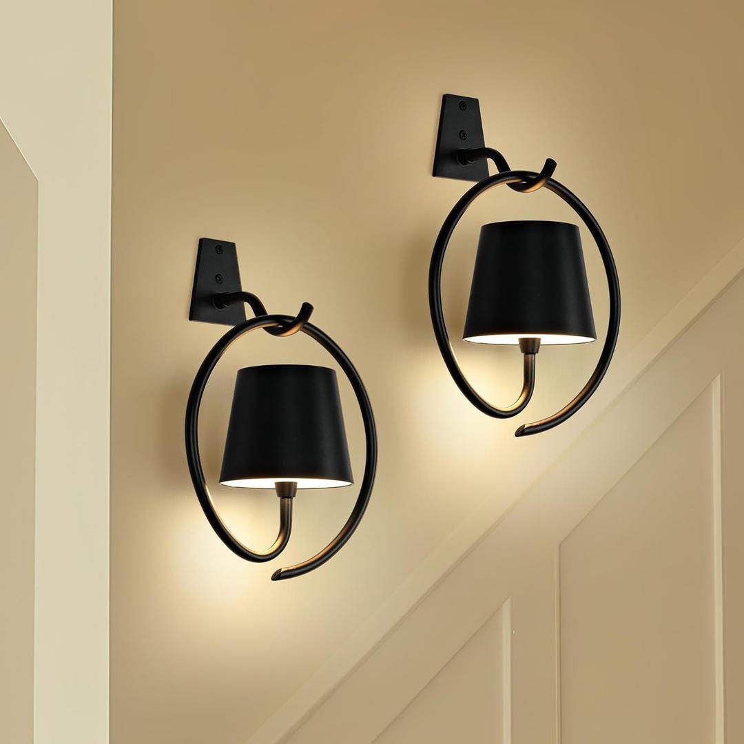 5200mAh Wireless Wall Light, Rechargeable Batttery Operated Wall Sconces Set of 2,3 Color Stepless Dimming Up, Wall Lamp for Battery Operated Lamp for Picture/Bedroom/Living Room/Hallway (Black)