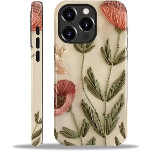 Compatible with iPhone 13 Pro Case - Dual-Layer Protection, Hard Shell with Silicone Interior,Slim Scratch Resistant Shockproof for Woman Men - Faux Embroidery Boho Floral