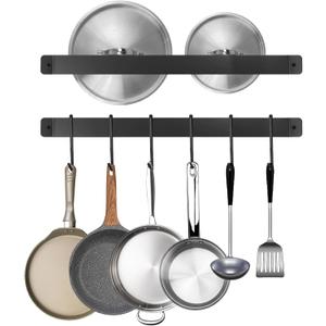 2 Pack Steel-made Kitchen Utensil Rack Organizer Wall-mounted Pot Pans Wall Hanger Holder for Coffee Mug Rack Cup Hanging Kitchen Black with 10 S Hooks