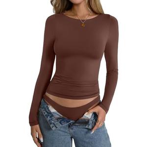 EasyGala Womens Double Lined Long Sleeve Shirts Boat Neck Going Out Tops Trendy Slim Fitted Tees Basic Fall Outfits 2025 L