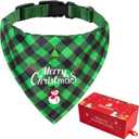 2 x Valentines Day Dog Bandana with Unique Quick-Release Buckle and Retractable Design,Triangle Reversible Bibs Breed for S-M Dog and Cat,Green Plaid Bandana with Christmas Santa Print in a Gift Box(M)