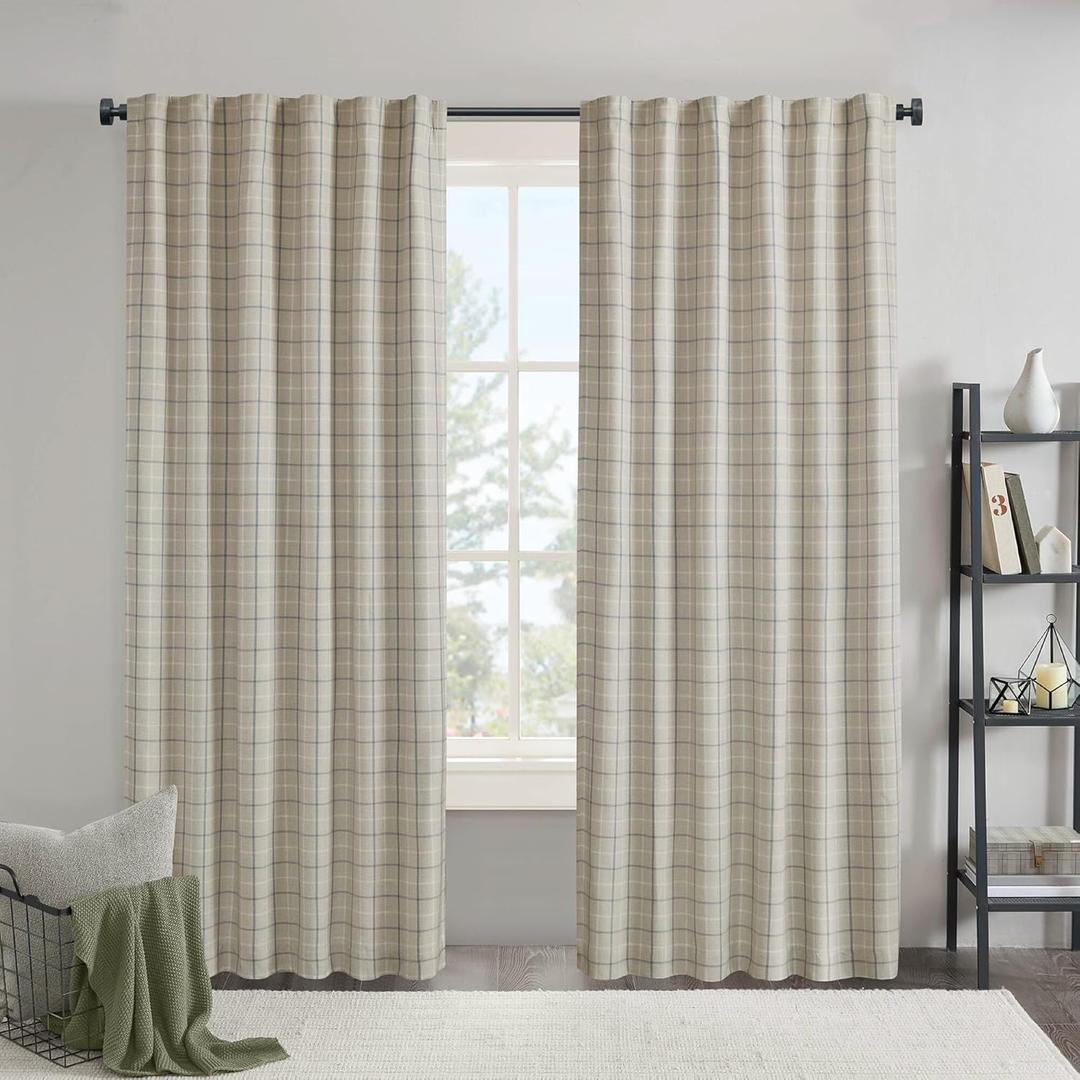 Madison Park Anaheim Cabin Plaid Curtain Window, Thermal Insulated Fleece Lining, Living Room Decor Room Darkening Drape for Bedroom, 1-Single Panel Pack, 50x95, Rod Pocket & Back Tab, Linen Blue