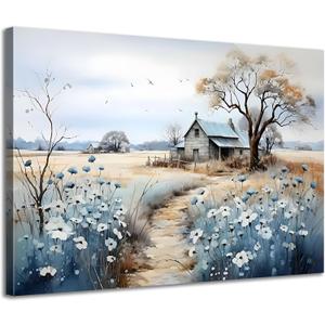 Framed Rustic Farmhouse Canvas Wall Art Beautiful Field Painting Wildflower Barn Print Nature Scenery Picture French Countryside Poster for Bathroom Bedroom Living Room Office Wall Decor 16x24in (24L" x 16W")