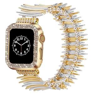 VIQIV Cute Bands and Bling Case Compatible with Apple Watch Bands for Women 38mm 40mm 41mm 42mm 44mm 45mm 49mm Metal, Stretch Jewelry Fancy Dressy Stainless Steel Wristband Straps Bands for iWatch Ultra 2/ Ultra Series 9/ 8/ 7/ 6/ 5/ 4/ 3/ 2/ 1/ SE, 40mm Gold+Silve