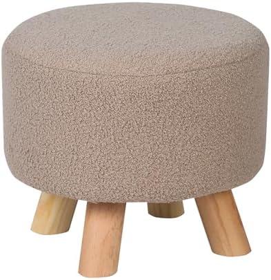 Asense Small Round Ottoman Foot Rest Stool Teddy Velvet Padded Seat Footstool Ottoman with Anti-Slip Wooden Legs (Khaki,Teddy Velvet)