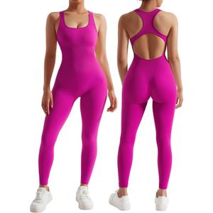 RXRXCOCO Women Backless One Piece Jumpsuits Sleeveless Scoop Neck Bodycon Romper Seamless Workout Athletic Yoga Jumpsuits Dragon Fruit X-Large
