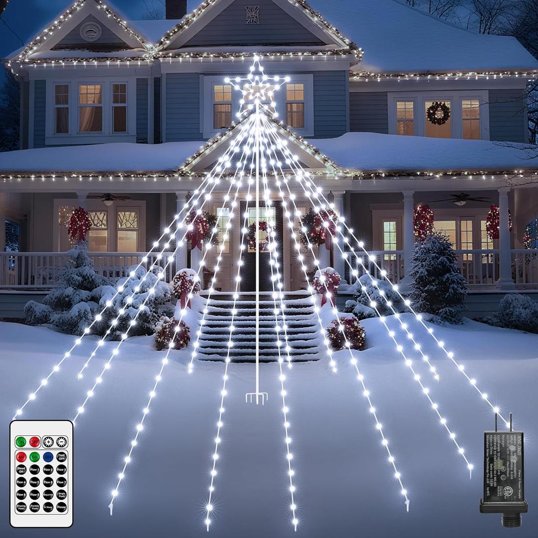 Outdoor Christmas Tree Lights, 340 LEDs Christmas Decorations with Topper Star, IP67 Waterproof Christmas Light with 16 Lighting Modes, Xmas Christmas Decor for Yard Garden Lawn (Cool White)
