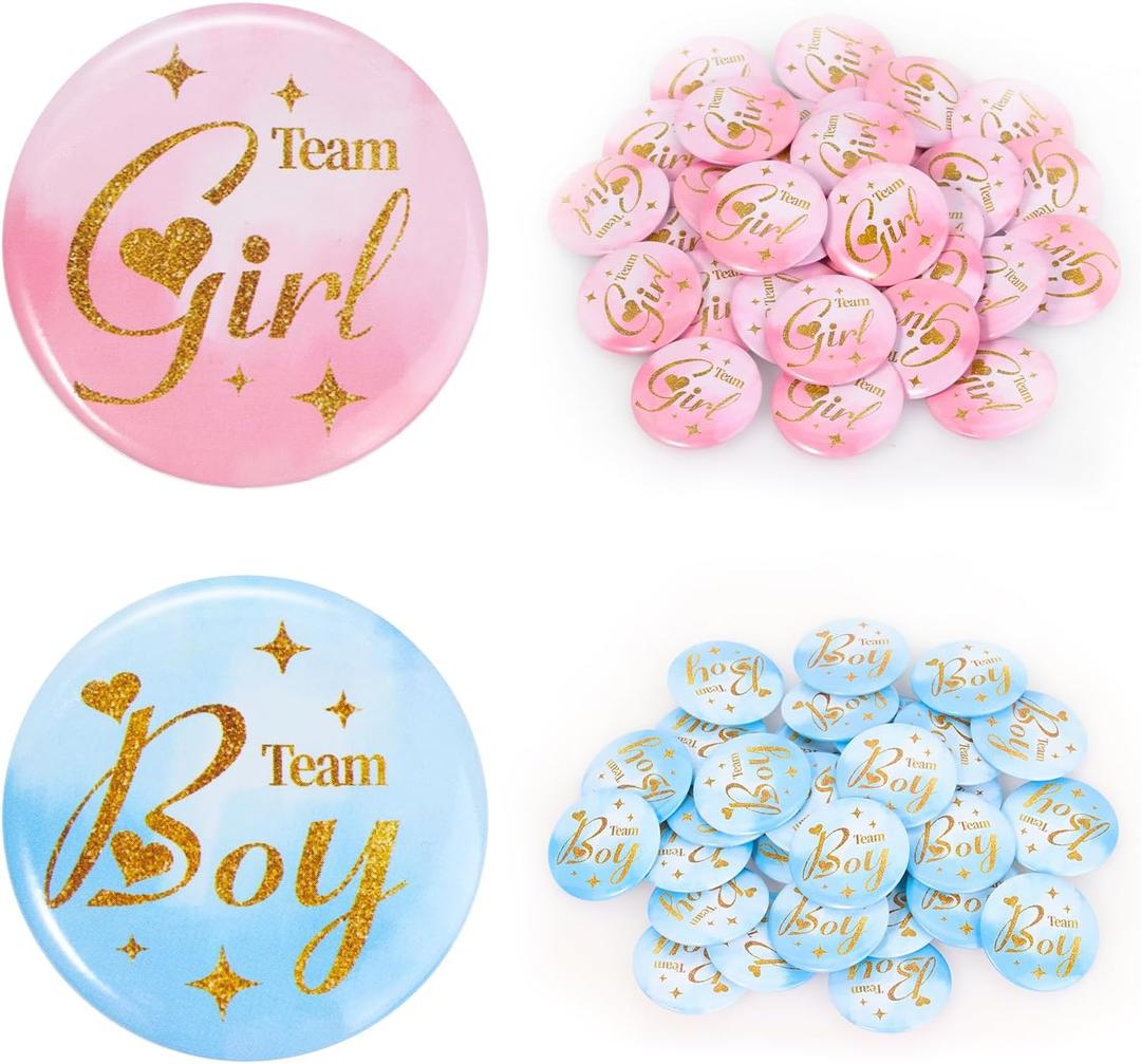 Gender Reveal Pins 60Pcs 4.4cm - Boy or Girl Team Buttons, Party Games Decorations Ideas Favors - 1.75 Inch