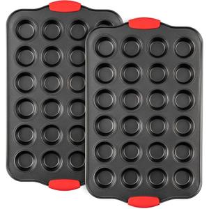 Tiawudi Mini Muffin Pan, 24 Cavity Cupcake Pan, Nonstick Baking Pan, Heavy Duty Small Muffin Tin with Silicone Grip Handles, Set of 2 (Gray)