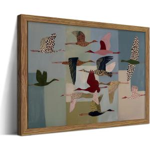 Framed Vintage Bird Wall Art, Colorful Flying Crane Canvas Print, Geometric Pattern Whimsical Nature Artwork, Modern Minimalist Folk Wall Decor for Living Room Bedroom Office 16x24in