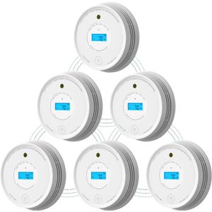 AEGISLINK Smoke Carbon Monoxide Detector, Interlinked Combination Smoke CO Alarm, Battery Powered, Wireless Interconnected, Digital Display, SC-RF220, 6-Pack