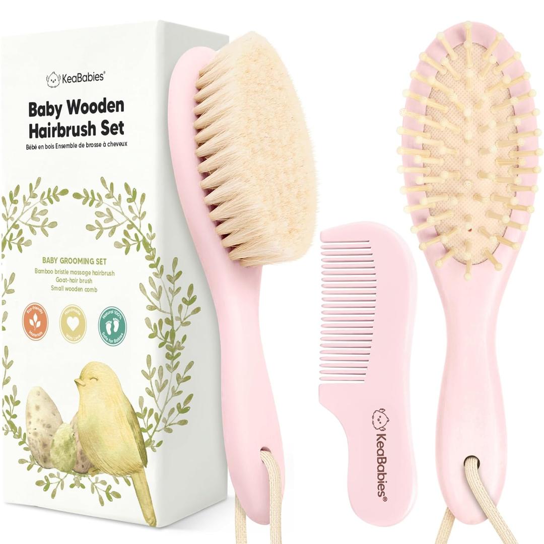 Baby Hair Brush Set for Newborns - Soft Goat Bristle Wooden Baby Brush and Comb Set Newborn Grooming Kit for Cradle Cap, Durable & Gentle, Boy, Girl Infant Essentials Care Kit (Oval, Blush)