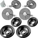 WB31M20 WB31M19 Porcelain Drip Pans and WB30M1 WB30M2 Electric Stove Burners Replacement for GE Hot Point Stove Top, Includes 4 Pack Black Drip Pans and 4 Pack Electric Stove Element by Fetechmate