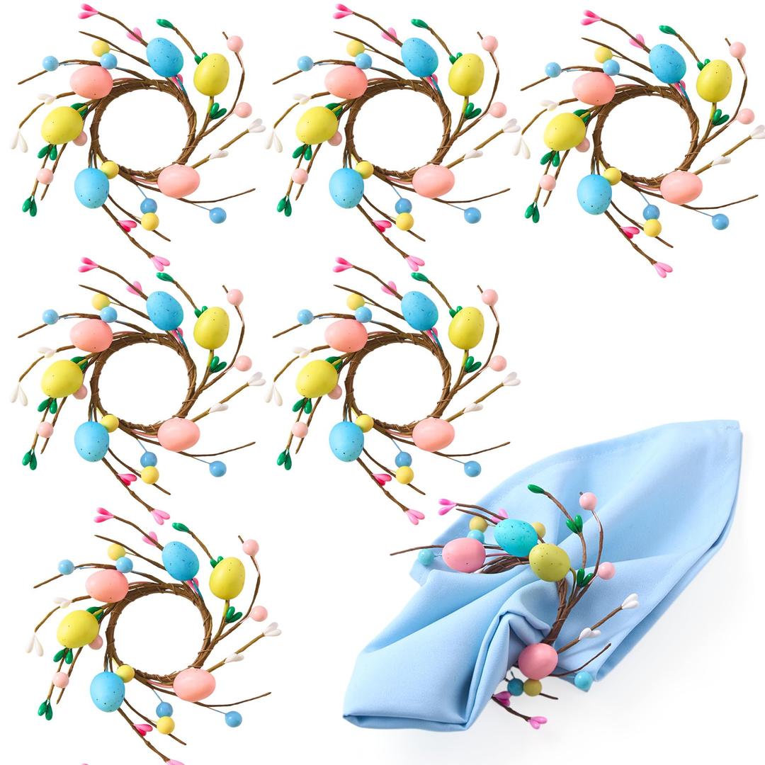 APTWOW Easter Wreath Napkin Rings Set of 12 - Farmhouse Easter Egg Napkin Holder, Spring Flower Napkin Rings for Holiday Birthday Wedding Party Banquet Table Decorations