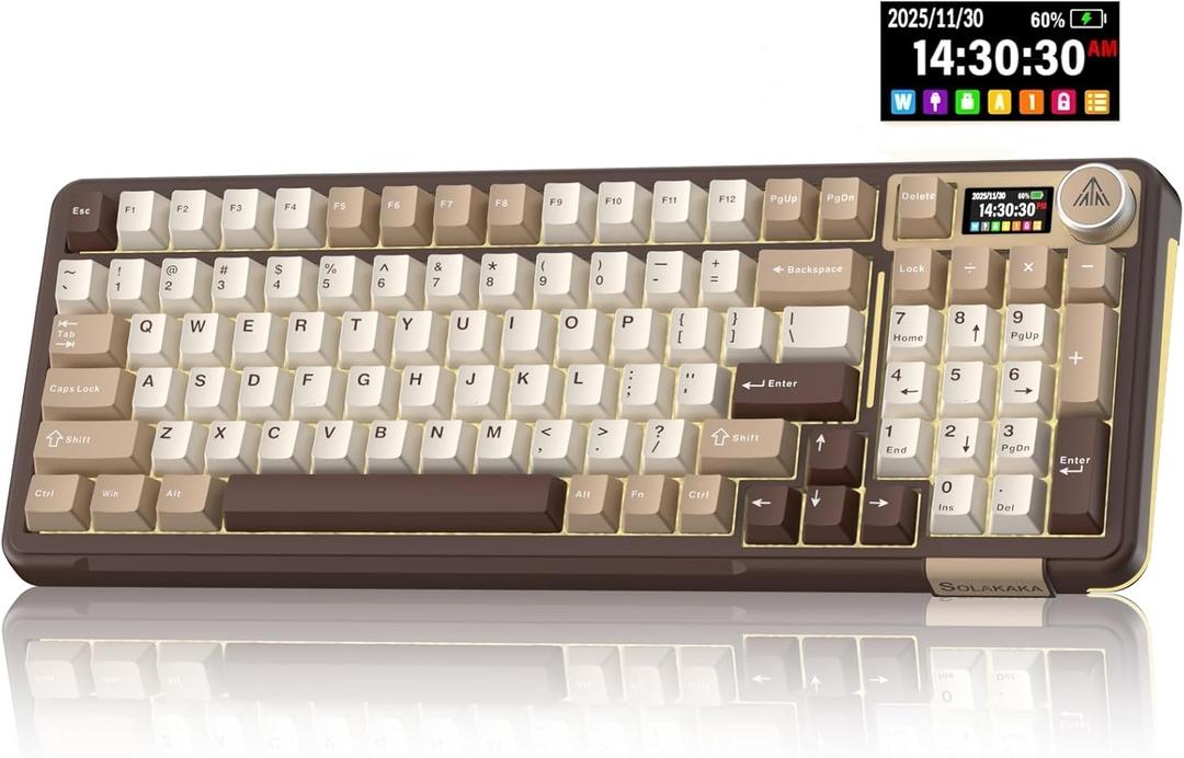 SOLAKAKA A99 Pro Mechanical Keyboard with LCD Screen & Metal Knob, Wireless Gaming Keyboard with BT5.0/2.4GHz/USB-C, Hot Swappable Creamy Keyboard, Gasket Structure, RGB Backlit, for Win/Mac (Milk Coffee Brown)