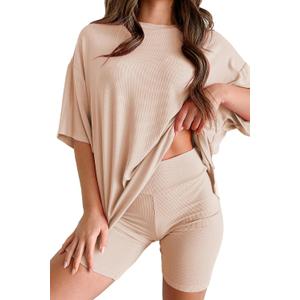 Womens 2 Piece Lounge Set 2026 Summer Travel Outfit Casual Short Sleeve Oversized Tshirts & Biker Shorts (Beige, S)