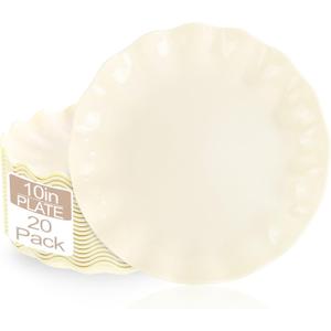 LIYH 20 Pcs 10 Inch Beige Plastic Plates Reusable - Unbreakable Plastic Scalloped Wavy Dinner Plates for Baby Shower Camping Party Outdoor Picnics Dishwasher Safe BPA Free