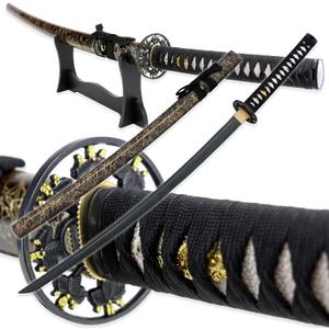 Vulcan Gear Japanese Black Blade Sacred Handmade Sharp Katana Samurai Sword with Wood Sword Stand and Scabbard