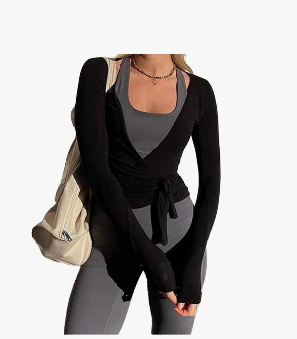 Womens Ballet Wrap Top Long Sleeve Tie Front Workout Cover Up Pilates Yoga Tops Y2k Fairy Coquette Shirt Going Out Size M