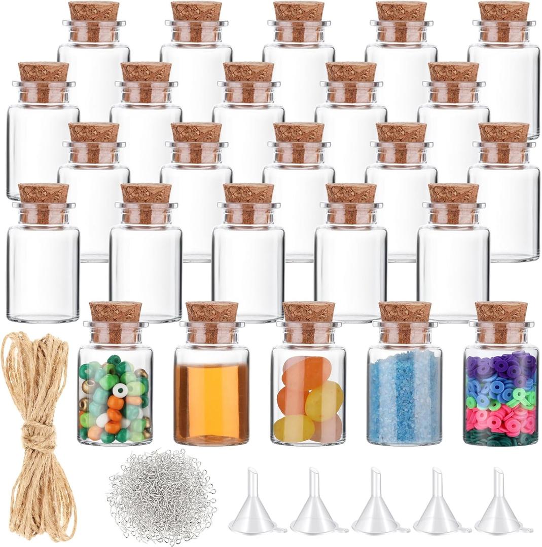 Bokon 25 Pack Mini Plastic Bottles with Corks Stoppers Eye Screws Funnels Small Potion Bottles Tiny Clear Sand Art Jar Wishing Vial for Birthday Party DIY Crafts Gift