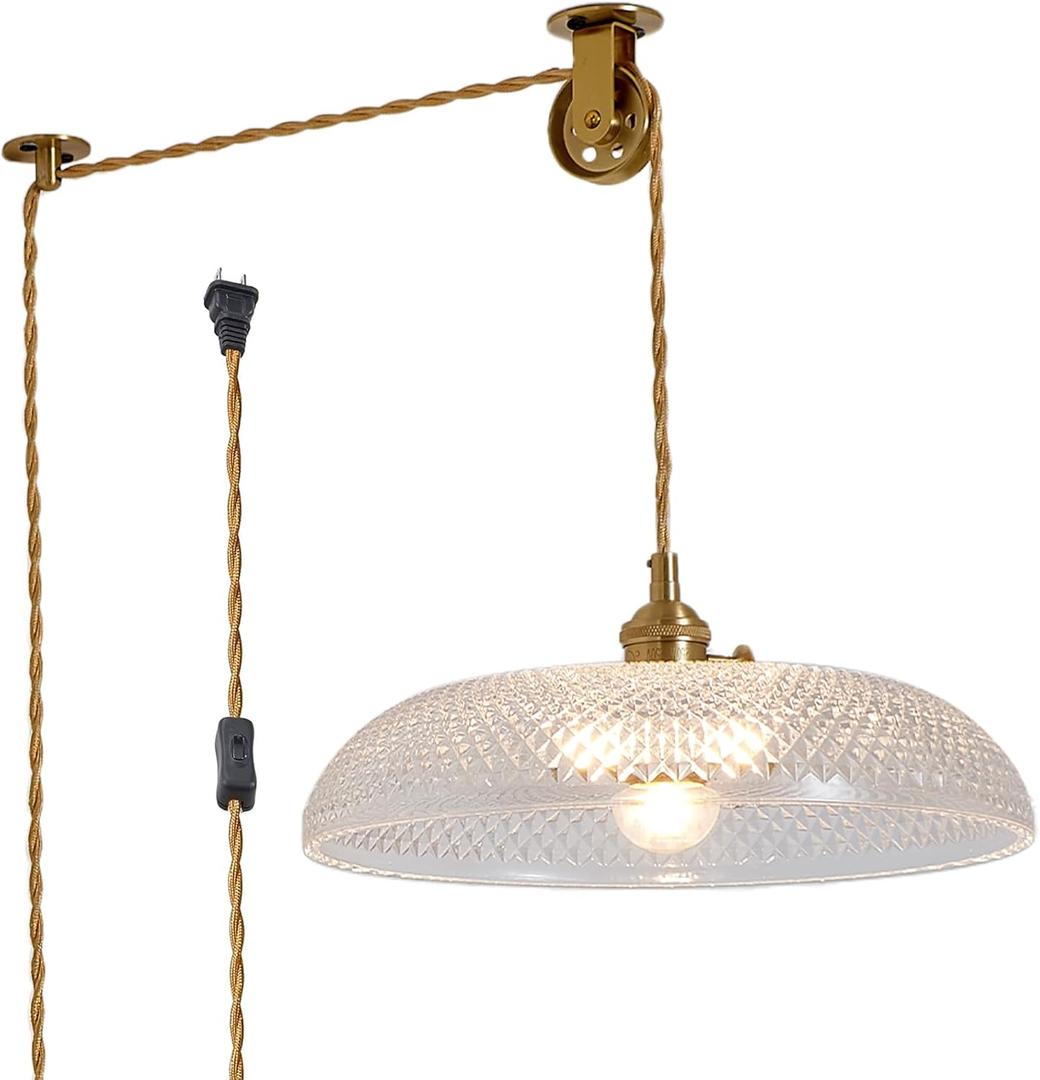 Hanging Light with Plug in Cord,11.8 Inch Plug in Hanging Light Glass Lampshade Hanging Lamp Plug in Adjustable Golden Cord Two Ways Switch for Bedroom