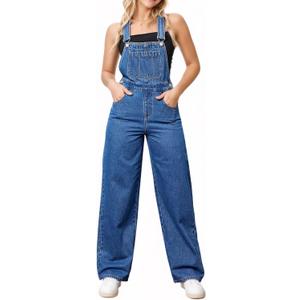 Women's Straight Wide Leg Jeans Overalls Baggy Fit Bib Denim Jumpsuit Pants Adjustable Straps (Medium, Mid Blue)