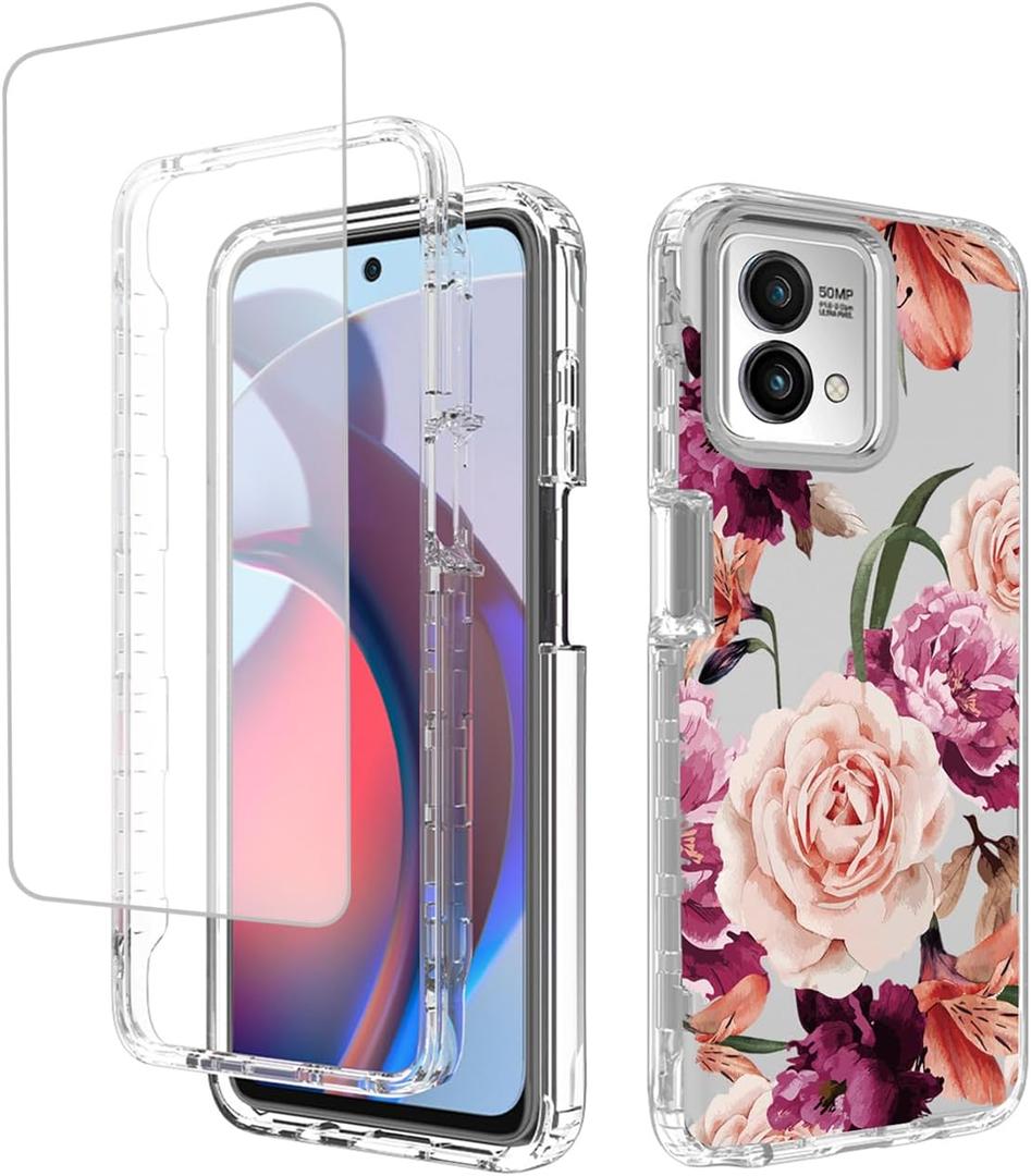 Case for Moto G Stylus 2023 Case, Motorola G Stylus 2023 with Tempered Glass Screen Protector, Floral Design Full Body Protective Cell Phone Cover for Motorola Moto G Stylus 2023 Purple Flower