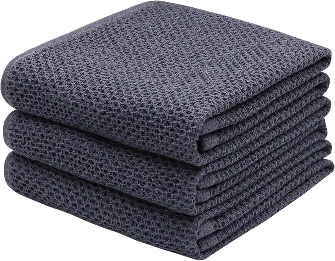 Mia'sDream Grey Kitchen Towels Set, Cotton Dish Towels for Kitchen Washing Dishes, Soft and Absorbent Kitchen Hand Towels Tea Towels, 13inch x 28inch 3 Pack (Dark Gray)