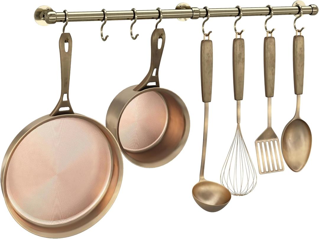 ROTHLEY Stainless Steel Hanging Pot Rack Hanger: 23.7 Inch Pot and Pan Hanger Wall Mounted Hanging Pot Bar Rack Heavy Duty Pot Hangers Kitchen Rail with 8 S Hooks (Antique Brass)